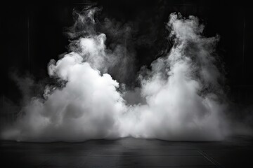 Space for displaying products is dramatically enhanced by presence of swirling white smoke dark enigmatic background setting creates sense of abstract beauty and motion smoke