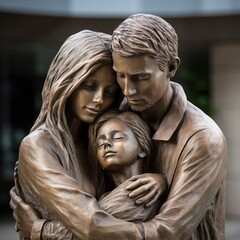 Bronze painting through stone: sculpture of a friendly family, mom, dad and me.