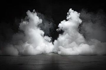 Space for displaying products is dramatically enhanced by presence of swirling white smoke dark enigmatic background setting creates sense of abstract beauty and motion smoke