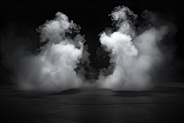 Space for displaying products is dramatically enhanced by presence of swirling white smoke dark enigmatic background setting creates sense of abstract beauty and motion smoke