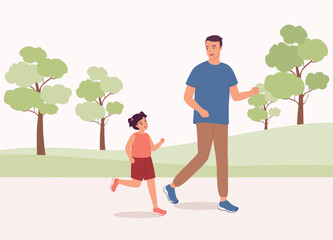 Fototapeta na wymiar Smiling Father And His Little Daughter Running In The Park. Full Length.