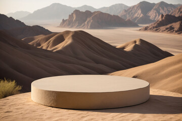 Empty round stone podium and pedestal stand platform for display product in desert with rock mountain - obrazy, fototapety, plakaty
