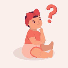 One Curious Little Baby Girl Sitting And Thinking Question With Her Hand On Chin. Full Length.