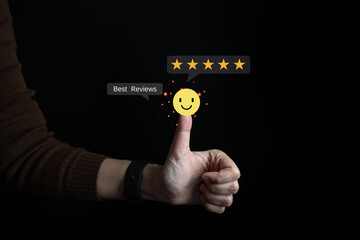 Satisfaction customer experience thumb up 5 star, happy business customer, the best review, High...
