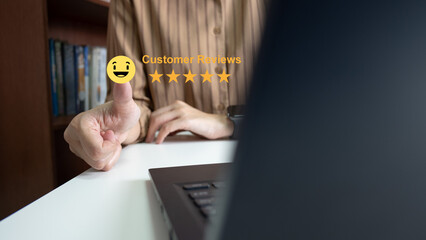 Satisfaction customer experience thumb up 5 star, happy business customer, the best review, High quality service, Most rated, the highest score, Social media very good