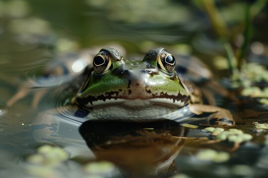Close-up of a green frog with big eyes peeking out from rippling water among lily pads.