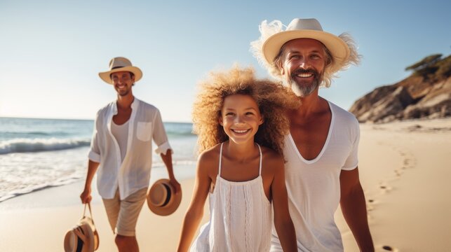 Generative AI image of a happy Scandinavian family walking on the beach closeup