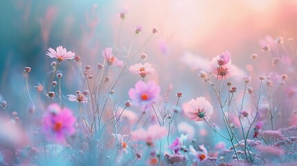 Pink flowers bloom in the grassy meadow, surrounded by nature's vibrant hues
