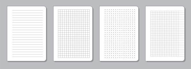 Vector mockup of blank pages of a notebook or notepad in line, cell, dot, and grid with margin through with curled edges, set of templates of the inner page of office or school stationery. - obrazy, fototapety, plakaty