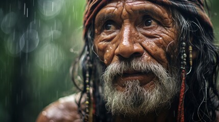Generative AI image of an elder with rain and traditional attire