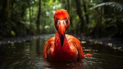 Generative AI image of a flamingo in water with a direct stare