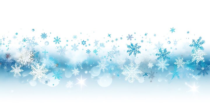 snowflakes and ice crystals isolated on blue sky, panoramic winter background