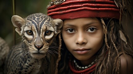 Generative AI image of a child with traditional attire and a wildcat.
