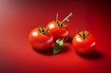Red ripe tomato on a branch with drops of water, on a red background.