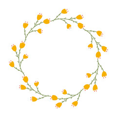 Doodle Floral Wreath made of yellow Tulips in circle. Hand drawn minimalist spring Flowers. Round summer frame or border with place text, quote or logo in flat style