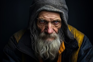 A somber elderly homeless man, 72 years old, conveying the solitude and challenges faced by those living on the streets on a solid muted mustard background