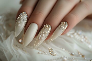 perfect wedding manicure, almond shaped, with shiny diamonds, ivory and gold - obrazy, fototapety, plakaty