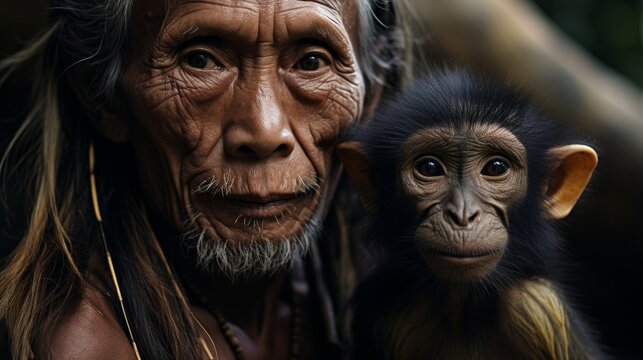 Generative AI image of an elder with a young monkey close by. Philippines people or animals