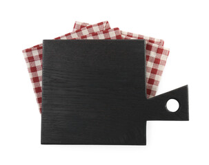 Black wooden cutting board and napkin isolated on white, top view