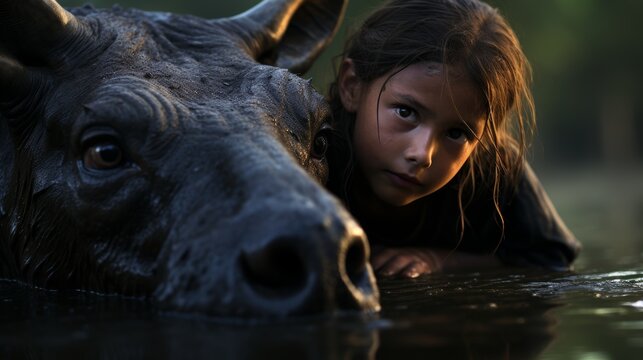 Generative AI image of a child and a buffalo in water, sharing a glance