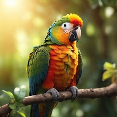 Obraz premium Enchanting Forest Scene: Close-Up of a Colorful Parrot Perched on a Tall Tree Branch, Bathed in Warm Sunlight, Captured in 8K Quality with Perfect Composition and High Detail