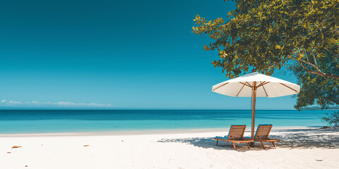 Beach chairs with umbrella and beautiful tropical sandy beach. Holiday and Vacation concept.