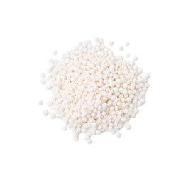 Pile of tapioca pearls isolated on white, top view