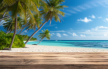 Wooden table top with blurred tropical beach background. For montage product display.