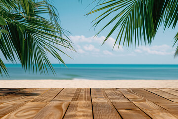 Wooden table top with blurred tropical beach background. For montage product display.