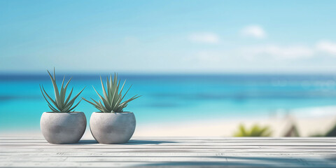 Wooden table with plant vases with sea view background. 