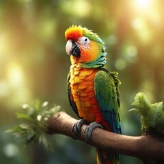 Enchanting Forest Scene: Close-Up of a Colorful Parrot Perched on a Tall Tree Branch, Bathed in Warm Sunlight, Captured in 8K Quality with Perfect Composition and High Detail