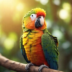 Obraz premium Enchanting Forest Scene: Close-Up of a Colorful Parrot Perched on a Tall Tree Branch, Bathed in Warm Sunlight, Captured in 8K Quality with Perfect Composition and High Detail