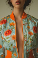 A woman wearing a blue jacket with orange flowers stands outdoors.
