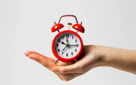 Generative AI image of red alarm clock on the hand on white background