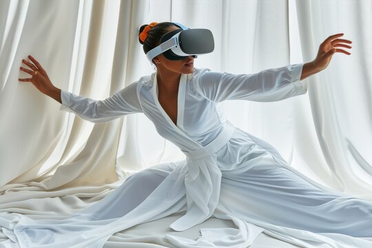 A woman wearing a white dress experiencing virtual reality through a headset.