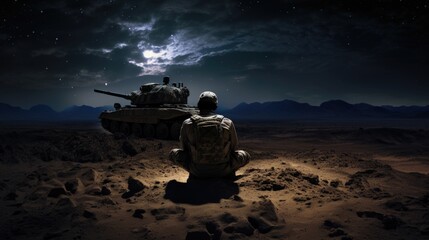 Solitude in Service - Soldier Contemplating Under Desert Stars