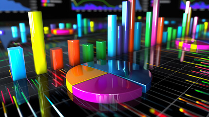 3d illustration of pie chart over black background with bars and charts