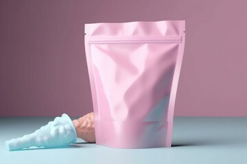 Mock-up of a blank plastic pouch for ice cream packaging. 3D illustration and rendering. Generative AI