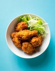Fototapeta premium Fried Chicken presented in a Tasteful Way - Japanese Karaage Fried Chicken - Battered Chicken Deep Fried