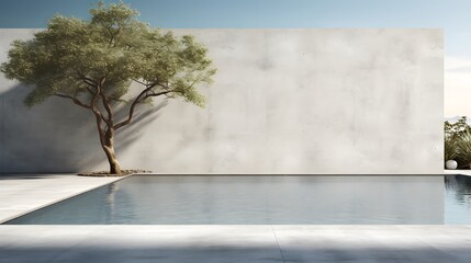 concrete wall with tree and shadow and clean clear water pool swiming reflecting water nature wall mockup template daylight 