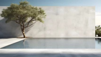 Papier Peint photo Réflexion concrete wall with tree and shadow and clean clear water pool swiming reflecting water nature wall mockup template daylight 