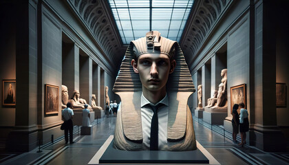 Surreal artwork blending a human face with an ancient Egyptian sphinx statue in a museum gallery, surrounded by classical sculptures and framed paintings.Digital art concept. AI generated. - obrazy, fototapety, plakaty
