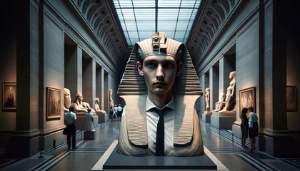 Foto op Canvas Surreal artwork blending a human face with an ancient Egyptian sphinx statue in a museum gallery, surrounded by classical sculptures and framed paintings.Digital art concept. AI generated. © Czintos Ödön