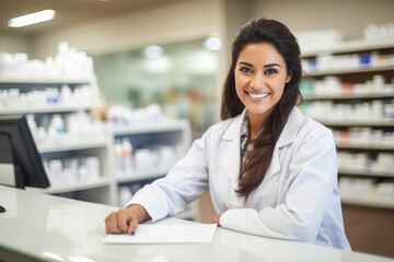 Female pharmacist standing behind a counter in a pharmacy, wearing a white lab coat. - obrazy, fototapety, plakaty