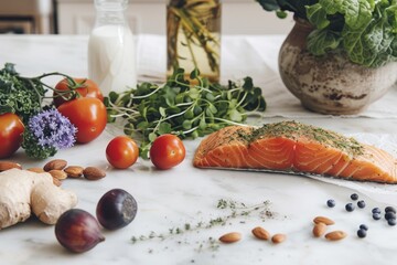 Fresh Organic Salmon and Variety of Superfoods on Marble Surface