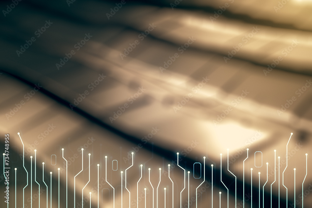 Poster abstract virtual micro circuit sketch on shiny metal background, future technology and ai concept. d