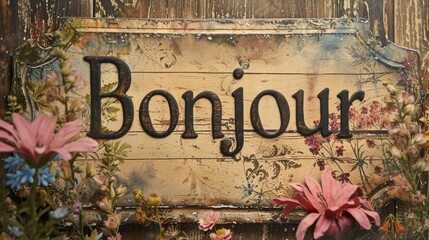  "Panneau 'Bonjour' sur fond de bois rustique avec fleurs colorées"