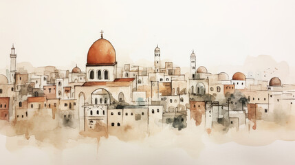 Obraz premium Generative AI image of Watercolor line art sketch, Jerusalem, minimalist, very simple, 3 earth tones
