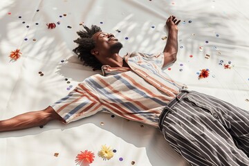 Obraz premium Young Man Lying Relaxed on White Floor Surrounded by Colorful Confetti