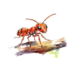 Vector watercolor illustration of an ant on a tree branch, isolated on a white background.